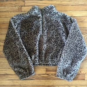 Cropped Leopard Print Sherpa Half-Zip